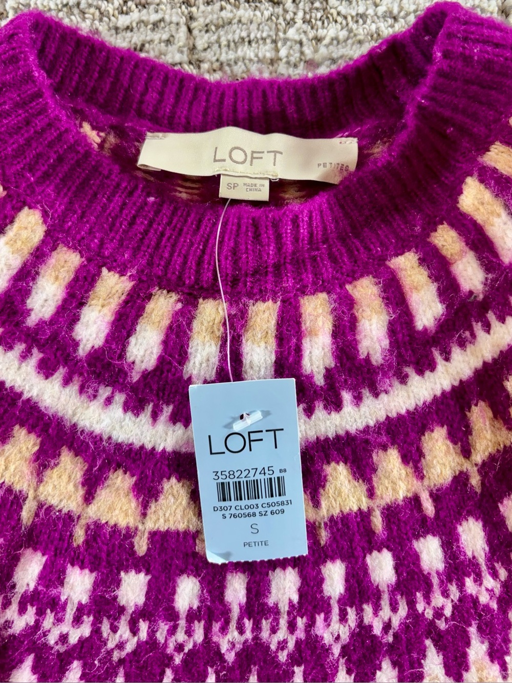 NWT Loft Women’s Small Petite Pinkish-Purple Fair Isle Yoke Sweater